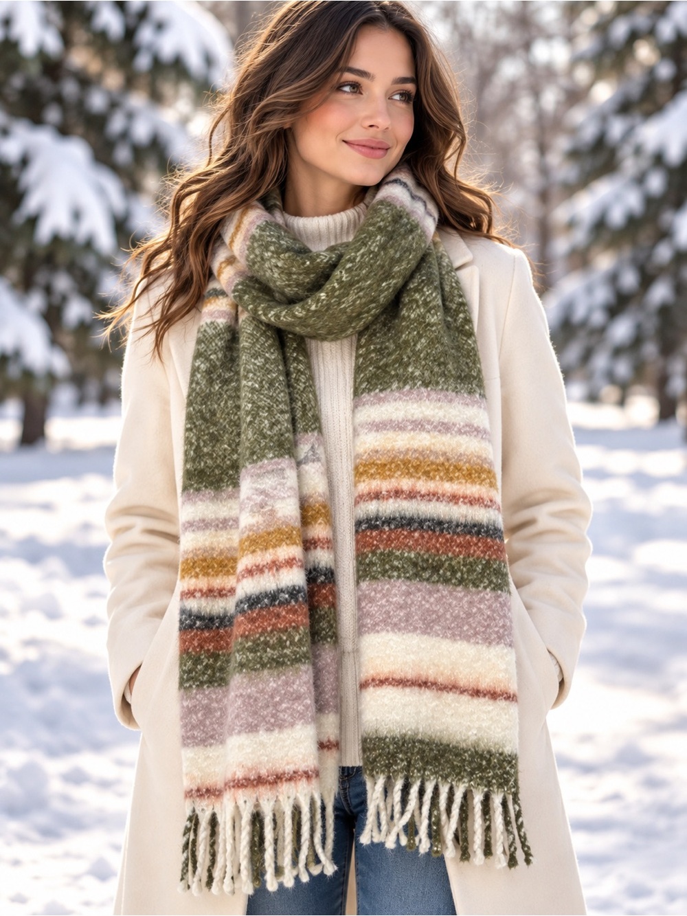 Denver Hayes Oversized Striped Scarf Olive Cream Fringe Cozy Boho Winter One Siz